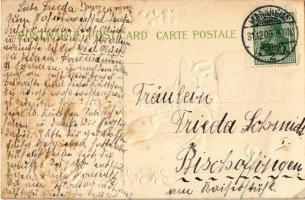 1909 Viel Glück im neuen Jahre / New Year greeting art postcard with horseshoes and clovers. Emb. li...