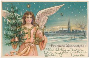 1904 Fröhliche Weihnachten / Christmas greeting art postcard with angel. Emb. litho (lyuk / pinhole)