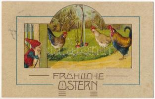 1908 Fröhliche Ostern / Easter greeting art postcard with dwarf, chicken and eggs. Emb. litho (lyuk / pinhole)