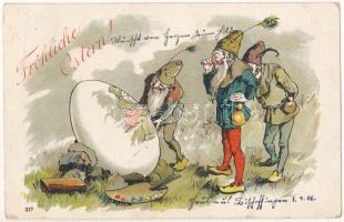 1906 Fröhliche Ostern / Easter greeting art postcard with painted egg and dwarves, litho (EB)