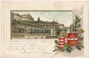 1901 Budapest I. Királyi lak és várbazár. Magyar címeres dombornyomott litho keret / Emb. litho frame with Hungarian coat of arms (lyuk / pinhole)