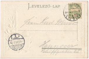 1901 Budapest I. Királyi lak és várbazár. Magyar címeres dombornyomott litho keret / Emb. litho fram...