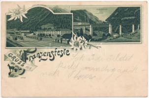 1900 Fortezza, Franzensfeste (Südtirol); Stationsgebäude, Höhe Brücke / railway station and bridge, locmotive, trains. Art Nouveau, floral, litho (fl)
