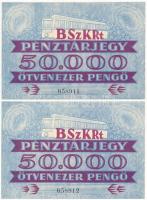 ~1945-1946. BSZKRT (Budapest Székesfővárosi Közlekedési Részvénytársaság) pénztárjegy 50.000P-ről (2x) sorszámkövetők T:UNC / Hungary ~1945-1946. BSZKRT cash register ticket about 50.000 Pengő (2x) sequential serials C:UNC