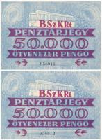 ~1945-1946. "BSZKRT (Budapest Székesfővárosi Közlekedési Részvénytársaság) pénztárjegy" 50.000P-ről (2x) sorszámkövetők T:UNC / Hungary ~1945-1946. "BSZKRT cash register ticket" about 50.000 Pengő (2x) sequential serials C:UNC