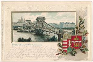 1902 Budapest, Lánchíd. Magyar címeres dombornyomott litho keret / Emb. litho frame with Hungarian coat of arms (lyuk / pinhole)