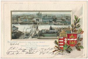 1901 Budapest, Lánchíd, Lipótváros egy része és a Bazilika. Magyar címeres dombornyomott litho keret / Emb. litho frame with Hungarian coat of arms (lyuk / pinhole)