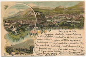 1900 Trento, Trient (Südtirol); Belvedere, Convento dei Cappuccini, Piazza della Stazion e Monumento a Dante. Art Nouveau, floral, litho (fl)