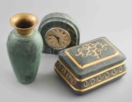 3 darab márványszínű design tárgy, réz váza, márvány óra, kerámia bonbonier,