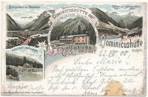 1900 Tirol, Schlegeisthal-Zillerthal, Gruss von der Dominicushütte, Olperer und gefrorene Wand, Riffler / mountain tourist rest house. Karl Schwidernoch Art Nouveau, floral, litho (fa)