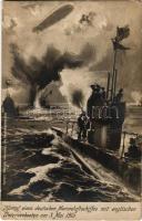 1915 Kampf eines deutschen Marineluftschiffes mit englischen Unterseebooten am 3. Mai 1915. / WWI German Navy (Kaiserliche Marine) art postcard, airship in battle with British submarines + &quot;K.U.K. KRIEGSMARINE SMS PRINZ EUGEN&quot; (EK)