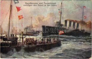 1915 Rapidkreuzer und Torpedoboot verfolgen den Feind in der Adria. K.u.K. Kriegsmarine. Offizielle Postkarte des Österreichischen Flottenvereines zu Gunsten der Kriegsfürsorge. Postkartenverlag Brüder Kohn B.K.W.I. / WWI Austro-Hungarian Navy art postcard, Helgoland-class scout cruisers pursue the enemy in the Adriatic Sea s: Alex Kircher + &quot;K.U.K. KRIEGSMARINE SMS SANKT GEORG&quot; (EB)