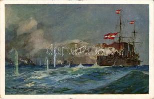 1915 SMS Zenta im Kampfe mit der französischen Flotte. K.u.K. Kriegsmarine. Offizielle Postkarte des Österreichischen Flottenvereines zu Gunsten des Kriegsfürsorgeamtes des Kriegshilfsbüros und des Roten Kreuzes / Az Osztrák-Magyar Haditengerészet SMS Zenta védett cirkálója csatában a francia flottával / WWI Austro-Hungarian Navy art postcard, SMS Zenta protected cruiser in battle with the French fleet s: Harry Heusser + &quot;K.U.K. KRIEGSMARINE SMS SANKT GEORG&quot; (EK)