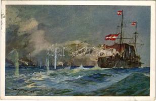 1915 SMS Zenta im Kampfe mit der französischen Flotte. K.u.K. Kriegsmarine. Offizielle Postkarte des Österreichischen Flottenvereines zu Gunsten der Kriegsfürsorge / Az Osztrák-Magyar Haditengerészet SMS Zenta védett cirkálója csatában a francia flottával / WWI Austro-Hungarian Navy art postcard, SMS Zenta protected cruiser in battle with the French fleet s: Harry Heusser (EK)