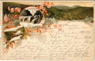 1897 (Vorläufer) Plitvicka Jezera / Plitvicei tavak. Ezredéves Országos Kiállítás / Plitvice Lakes. Hungarian Millennium Exhibition. barna 2 Kr. Ga. floral Art Nouveau litho s: Cserna K. (b)