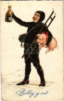 1929 Boldog Újévet / New Year greeting art postcard, chimney sweeper with champagne and pig. Amag Nr. 2434. (fl)