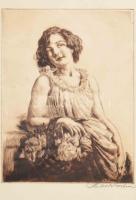 Prihoda István (1891-1965): Lány virágokkal. Rézkarc, papír, jelzett. Dekoratív, üvegezett, kissé sérült fakeretben, 25,5×19,5 cm