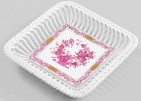 Herendi Indiai kosár purpur mintás fonatos kínáló. Jelzett, hibátlan, 15,5x15,5 cm