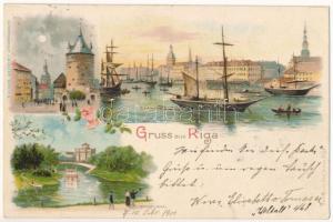 1900 Riga, Dunaquai, Pulverthurm, Stadtcanal / Danube quay, tower, canal. Carl Schulz Art Nouveau, floral, litho