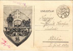 1941 A m. kir. 16. honvéd határvadász üteg sapkajelvényének képe / WWII Hungarian military art postcard, border guard battalion, border patrol artillery + TÁBORI POSTAHIVATAL 55&quot; (EK)