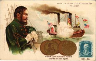 Kossuth Lajos tiszteletére veretett amerikai 18 érem egyike; Kossuth Lajos utazik Amerikába 1851-1852-ben. Jelenetek Kossuth Lajos élete történetéből I. kiadás V. kép. Athenaeum Rt. Budapest, dombornyomott / Scenes from the life of Lajos Kossuth. Art Nouveau, Emb. litho s: K. Sávely D.