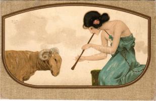 Art Nouveau lady with ram, litho s: Raphael Kirchner (r)