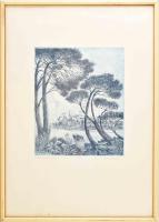 Varga Mátyás (1910-2002): Romantikus táj. Rézkarc, papír, jelzett, számozott (58/100). 30×25 cm. Üve...