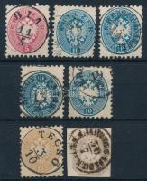 1864 5kr + 4 x 10kr + 15kr + Hírlapbélyeg, benne BIA (Gudlin 400 p), TECSÖ (Gudlin 150 p) bélyegzések