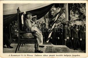 1939 Szeged, Az 1919. évi ellenforradalom 20 éves évfordulója augusztus 6-án. Horthy Miklós kormányzó úr és hitvese Purgly Magdolna Zadravec István tábori püspök beszédét hallgatja (kopott sarkak / worn corners)