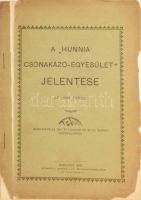 A ,,Hunnia Csónakázó-Egyesület" jelentése az 1896. évről. (Bemutatva az 1897. évi január hó 24-iki rendes közgyűlésnek). Bp., 1897, Heisler J. kő- és könyvnyomdája, 30+(2) p. Kiadói tűzött papírkötés, sérült borítóval, az elülső borító levált, a hátsó borítón postai bélyegzéssel. Az 1942-ben megjelent, Magyarországi sportegyesületek története c. könyv (szerk.: Pluhár István) a következőket írja az egyesületről (412. old.): ,,Hunnia Csónakázó Egyesület, Ujlaki rakpart. Alapítva 1882-ben, sport(t)elepe az újlaki rakparton van. Működő szakosztályai evezős és tenisz. Szakosztályonként igazolt játékosainak száma evezős 180, teniszező 30. -- Igazgatók: Perczel György dr. és Windisch Ödön dr." Ritka!