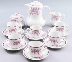 Hollóházi lila virágmintás kávés készlet. Jelzett, minimális kopottsággal, teljes.