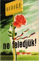 1955 Lidice - Ne feledjük! Ötven nemzet küldte el rózsatőit élő tiltakozása jeléül a fasiszta pusztítás helyén újjáépült Lidicébe. Kiadja a Hazafias Népfront Budapesti Bizottság / Hungarian anti-fascist propaganda, memorial card to commemorate the victims of the Lidice massacre. During World War II, in Nazi-occupied Czechoslovakia, the Lidice massacre was the complete destruction of the village of Lidice, in June 1942 on orders from Adolf Hitler and Reichsführer-SS Heinrich Himmler (nyomdailag vágott / cut)