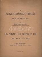 Hoszpotzky Alajos: A Vaskapuszabályozási munkák ismertetése. - Les travaux des Portes de Fer du Bas Danube par Aloys Hoszpotzky. Budapest, 1900. (Műszaki Irodalmi és Nyomdai Vállalat - Feldmann M.) 31 + [1] p. + 1 térkép (kihajtható). Francia-magyar biligvis áttekintés a századforduló jelentős műszaki feladatáról, a Vaskapu-szoros átfogó rendezéséről. Oldalszámozáson belül egészoldalas illusztrációkon a Vaskapu-szabályozás során használt hajók keresztmetszeti és felülnézeti rajzai. A címoldalon régi tulajdonosi és gyűjteményi bélyegzések, a gyűjteményi bélyegzések a belívben is megismétlődnek. Poss.: Zsák Hugó; a Magyar Mérnök- és Építész Egylet könyvtára. [Zsák Hugó (1844-1915) mérnök, miniszteri tanácsos, a budapesti és a Budapest alatti Duna-szabályozás szakmérnöke. A csepel-szigeti gubacsi gát, az Erzsébet híd, illetve a Margit híd feletti rakadópartok kiépítése a nevéhez fűződik.] Fűzve, kiadói borítóban, az első fedőborítón elhalványodott tulajdonosi bélyegzések. Jó példány.