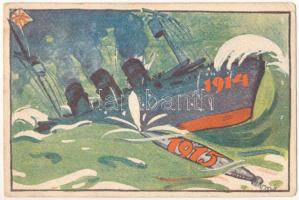 1914-1915 Első világháborús angolellenes haditengerészeti propaganda lap. Magyar Földrajzi Intézet Rt. kiadása / WWI Austro-Hungarian anti-British Naval propaganda art postcard s: Biró (EK)