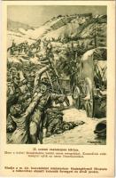 23. számú csataképes kártya. Harc a keleti Beszkidekbe betört orosz seregekkel. Katonáink zsákmányul ejtik az orosz lőszerkocsikat. A m. kir. honv. minist. hadsegélyező hivatala által kiadott levelező-lap / WWI Hungarian military art, battle with Russian soldiers s: Basch Árpád