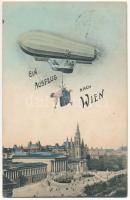 1909 Wien, Vienna, Bécs; Ein Ausflug nach Wien / A trip to Vienna. Montage with airship and lady. B.K.W.I. (fl)