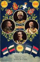 1912 Balkanski Savez / Lunion fait la force / Balkan League: Nicholas I of Montenegro, Peter I of Serbia, Ferdinand I of Bulgaria, George I of Greece / Balkán-szövetség a szerb, bolgár, montenegrói és görög uralkodók arcképével. Art Nouveau floral (fl)