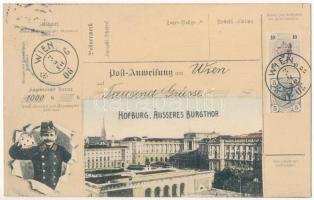 1907 Wien, Vienna, Bécs; Hofburg. Äusseres Burgtor. Tausend Grüsse / royal castle. Art Nouveau montage with postal order and postman