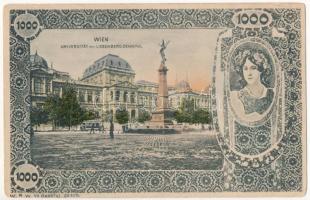 Wien, Vienna, Bécs; Universität mit Liebenbergdenkmal / university, monument, tram. Art Nouveau frame with Austro-Hungarian 1000 Kronen banknote (worn corners)