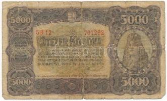 1923. 5000K "5 B12 701262", "Magyar Pénzjegynyomda Rt. Budapest" nyomdahely jelöléssel T:VG szakadás, kis anyaghiány Adamo K39