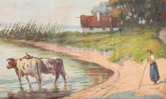 Rubovics Márk (1867-1947): Balatoni pásztorlány. Olaj, vászon, jelzett. Üvegezett fakeretben. 30×40 ...