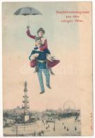 1906 Wien, Vienna, Bécs; Deutschmeistergrüsse aus dem lustigen Wien. Prater / amusement park. Montage with K.u.K. soldier and lady flying with an umbrella (fl)