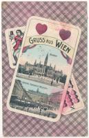 1907 Wien, Vienna, Bécs; Gruss aus Wien. Rathaus, Hofburg, Burgwache-Ablösung. E.B.W.I. Lederer & Popper / town hall, castle guard. Art Nouveau playing card (hearts) frame (fl)