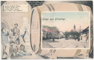 1918 Wien, Vienna, Bécs XIX. Grinzing. "A guats Glaserl Wein, A Paperl recht fein, A harbe Musi dazua und a Hetz voll Hamur!" Montage with drunk men and wine barrel (fl)