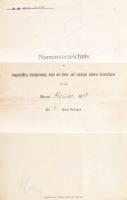 1913 Az S.M.S. Gamma kimutatása az 1913 februárjában fedélzetre lépett személyekről. A parancsnok aláírásával és a hajó pecsétjével, alul részletezve a személyek / Namenverzeichnis for the month of February 1913. Four-page document signed in Pola on September 30, 1902. Unfortunately, the signatures of all three ship officers are illegible. Seal: S.M. Schiff ,,Gamma"  Page two lists the following officers who were serving on or visited S.M.S. Gamma during the month: Linienschiffskapitän Eduard Kittel (gazetted Korvettenkapitän on May 1, 1907; not found in the 1917 Rangliste) Fregattenkapitän Josef Kubelka (born in 1868, gazetted Linienschiffsleutnant on November 1, 1898; Linienschiffskapitän November 1, 1914) Linienschiffsleutnant Josef Gamringer (born in 1872, gazetted Linienschiffsleutnant on 1, 1905; Korvettenkapitän May 1, 1914) Linienschiffsleutnant Theodor Braun (born in 1877, gazetted Linienschiffsleutnant on May 1, 1907; Korvettenkapitän May 1. 1917) Linienschiffsleutnant Remus Pulgher (born in 1875, gazetted Linienschiffsleutnant on November 1, 1907; Korvettenkapitän May 1, 1917) Linienschiffsleutnant Markus Simunich (born in 1877, gazetted Linienschiffsleutnant on May 1, 1907; Korvettenkapitän August 1, 1917;) Linienschiffsleutnant Lothar Süss (born in 1877, gazetted Linienschiffsleutnant on May 1, 1908) Linienschiffsleutnant Richard Kubin (born in 1883, gazetted Fregattenleutnant on May 1, 1906; Linienschiffsleutnant November 1, 1910) Linienschiffsleutnant Norbert Edler von Hermann (born in 1888, gazetted Linienschiffsleutnant on May 1, 1912) Fregattenleutnant Adalbert Mahunka (born in 1890, gazetted Seekadet on July 1, 1908; Linienschiffsleutnant on November 1, 1915) Page three lists the following officer who was serving on or visited S.M.S. Basilisk during the month:  Linienschiffsleutnant Artur Jonak von Freyenwald (born in 1880, gazetted Fregattenleutnant on May 1, 1904; Linienschiffsleutnant May 1, 1909)