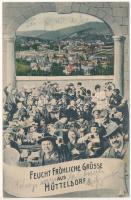 1913 Wien, Vienna, Bécs; XIV. Penzing, Hütteldorf. Feucht fröhliche Grüsse aus Hütteldorf / Montage with drunk men, beer mugs and waitresses (fl)