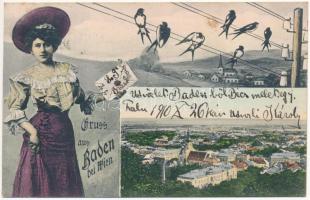 1910 Baden bei Wien. Montage with lady and swallows (fl)