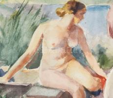 Wosinsky Kázmér (1895-1967): Fürdőző aktok. Akvarell, papír. Jelezve jobbra lent. Üvegezett, dekorat...