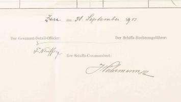 1903 Az S.M.S. Dalmat kimutatása az 1903 szeptemberében fedélzetre lépett személyekről. A parancsnok...