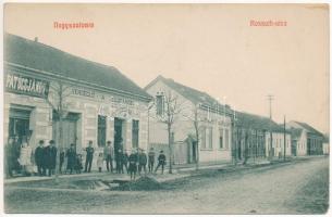 Nagyszalonta, Salonta; Kossuth utca, Vendéglő a Zöldfához, Patócs János üzlete és saját kiadása / street view, restaurant, publisher&#039;s shop (EM)